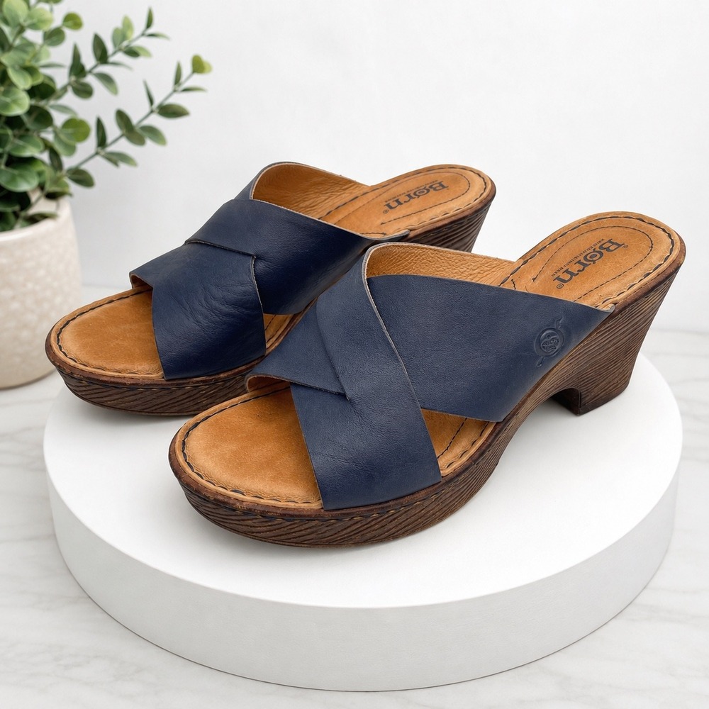 Born Navy Blue Leather Crisscross Platform Wedge Sandals F23734 VCJA19 Women 6M